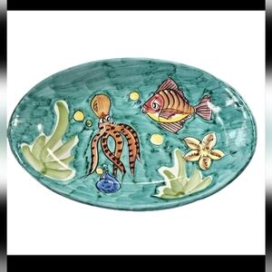 Vietri Plate - Octopus Fish Sea Creatures Ocean Teal Green Handpainted  in Italy